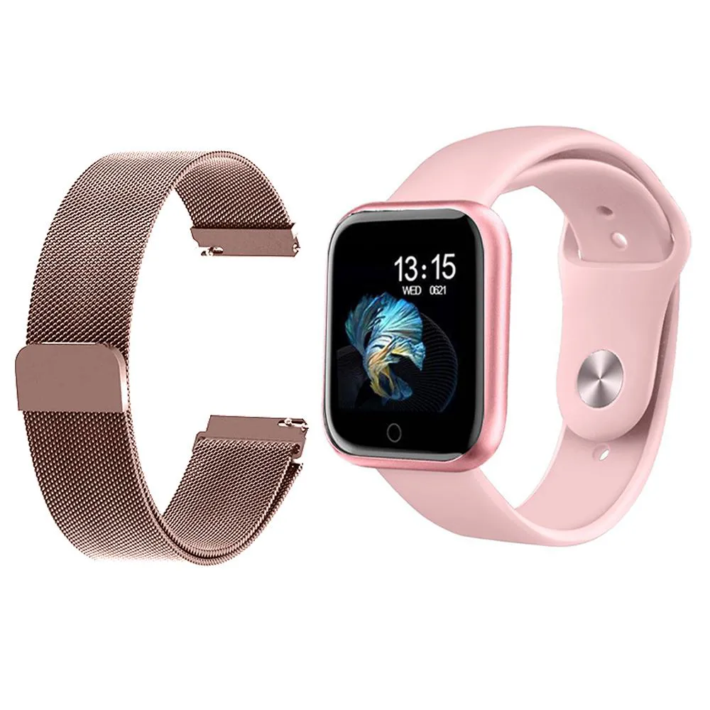 KIT 1 RELóGIO SMARTWATCH P70 MONITOR DE SAúDE ROSA ANDROID IOS + 1 PULSEIRA MILANESA ROSA