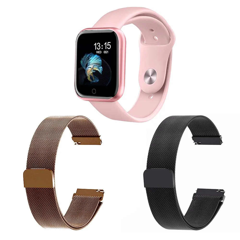 KIT 1 RELóGIO SMARTWATCH P70 MONITOR DE SAúDE ROSA ANDROID IOS + 2 PULSEIRAS MILANESA PRETO E ROSê