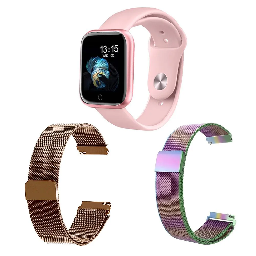 KIT 1 RELóGIO SMARTWATCH P70 MONITOR DE SAúDE ROSA ANDROID IOS + 2 PULSEIRAS MILANESA ROSê E ARCO ÍRIS