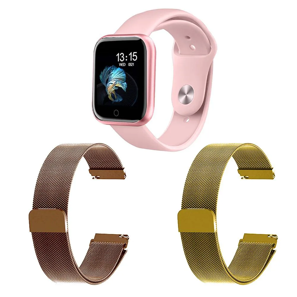 KIT 1 RELóGIO SMARTWATCH P70 MONITOR DE SAúDE ROSA ANDROID IOS + 2 PULSEIRAS MILANESA ROSê E DOURADO