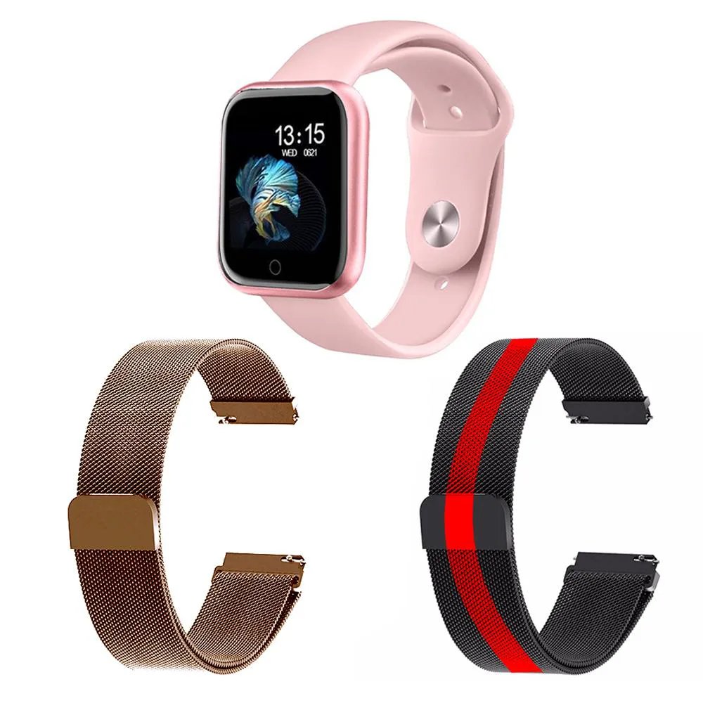 KIT 1 RELóGIO SMARTWATCH P70 MONITOR DE SAúDE ROSA ANDROID IOS + 2 PULSEIRAS MILANESA ROSê E LISTRADO