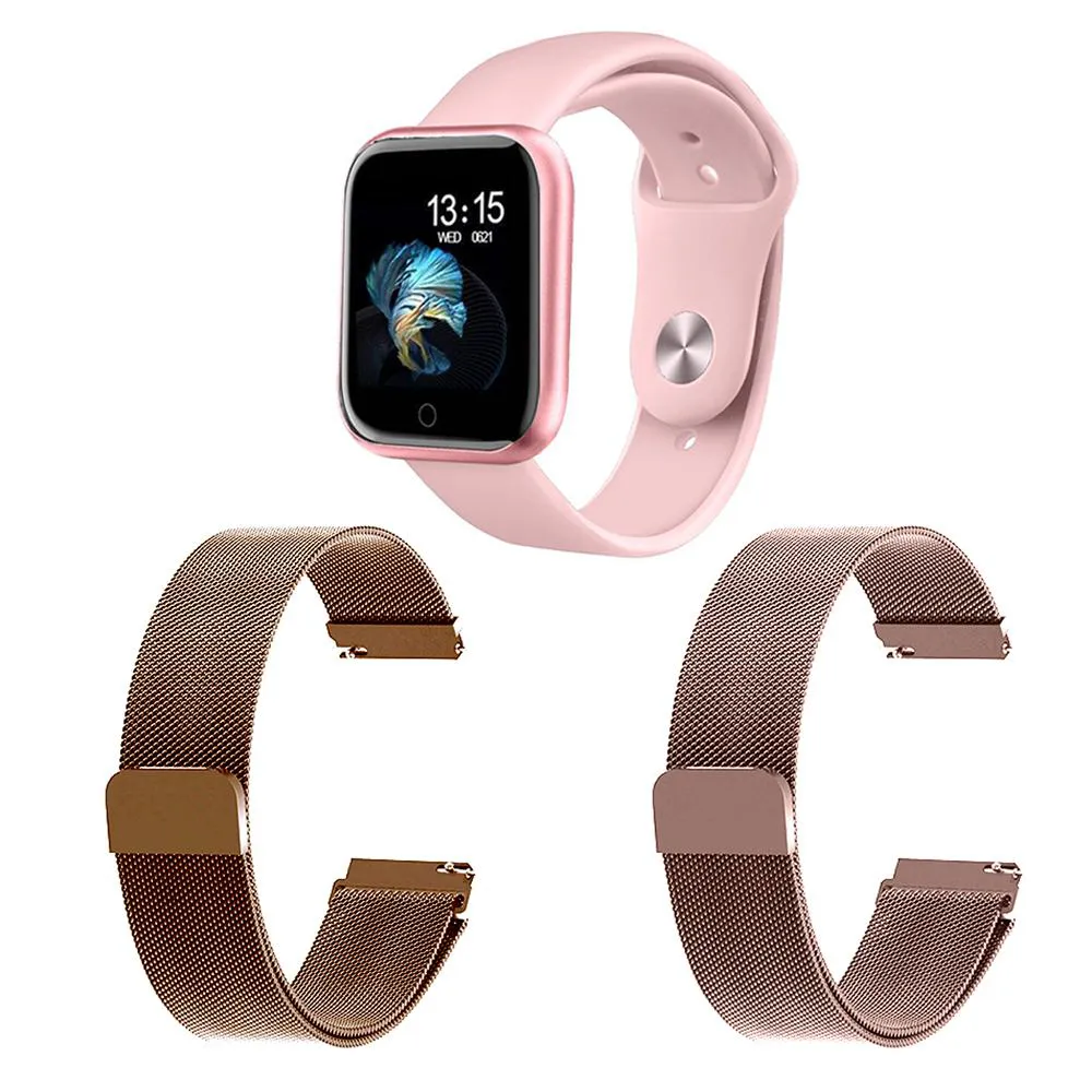 KIT 1 RELóGIO SMARTWATCH P70 MONITOR DE SAúDE ROSA ANDROID IOS + 2 PULSEIRAS MILANESA ROSê E ROSA