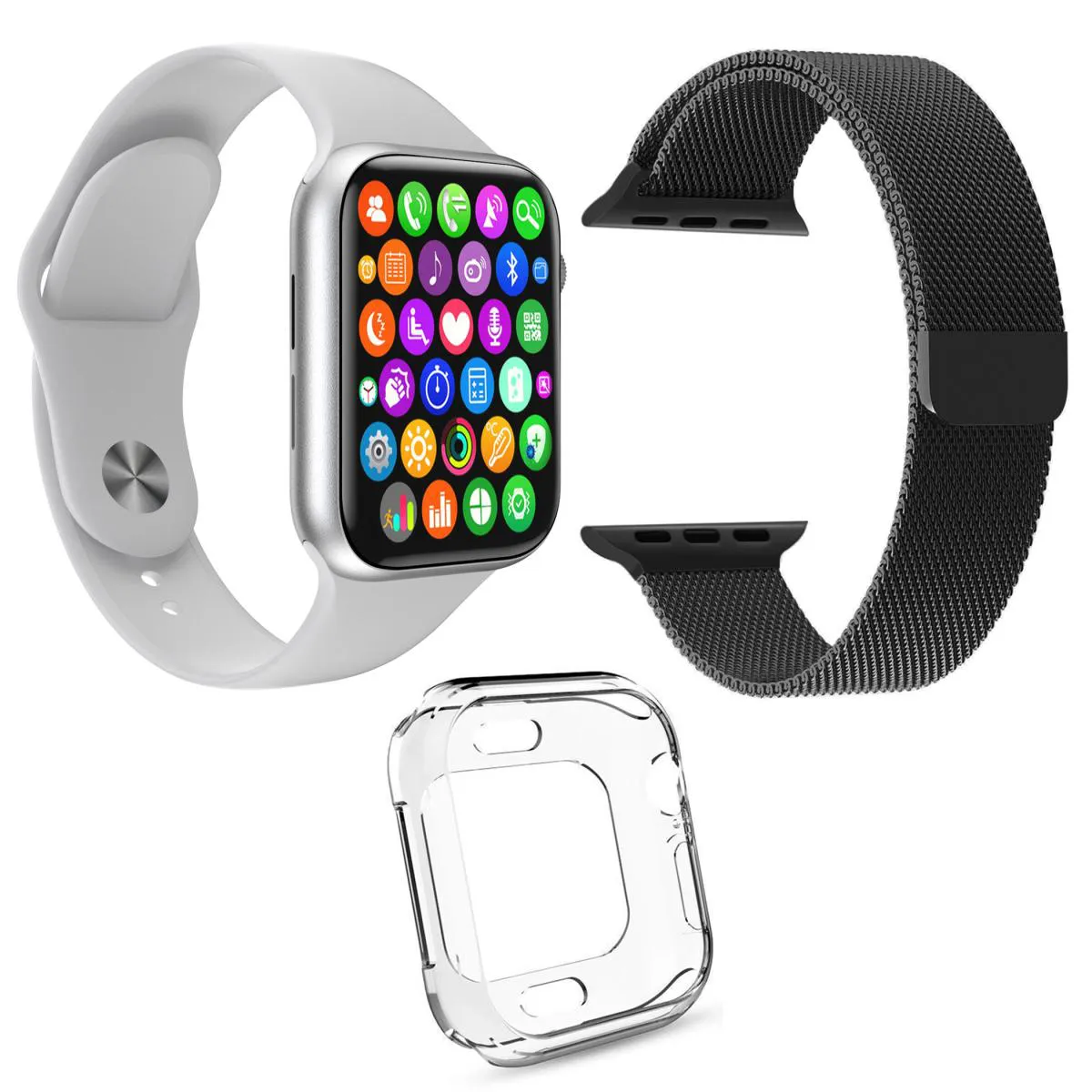 KIT 1 RELóGIO INTELIGENTE SMARTWATCH IWO9 LITE BRANCO + 1 PULSEIRA AçO MILANESE PRETA + 1 CASE SILICONE