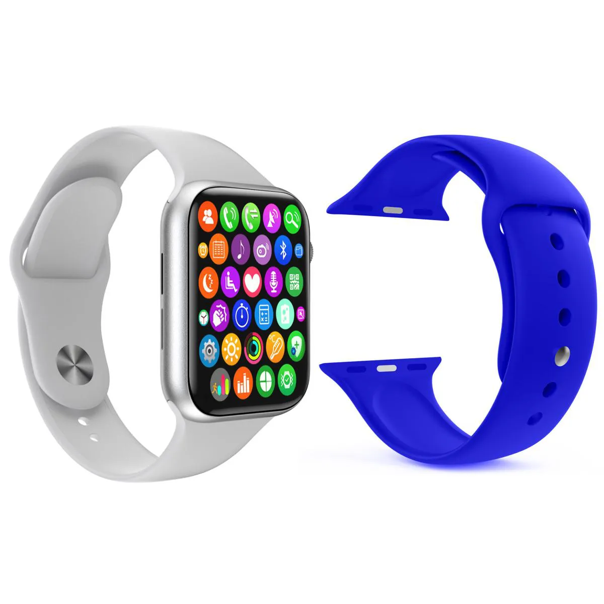 KIT 1 RELóGIO INTELIGENTE SMARTWATCH IWO 8 LITE PLUS BRANCO + 1 PULSEIRA EXTRA SILICONE AZUL ESCURO