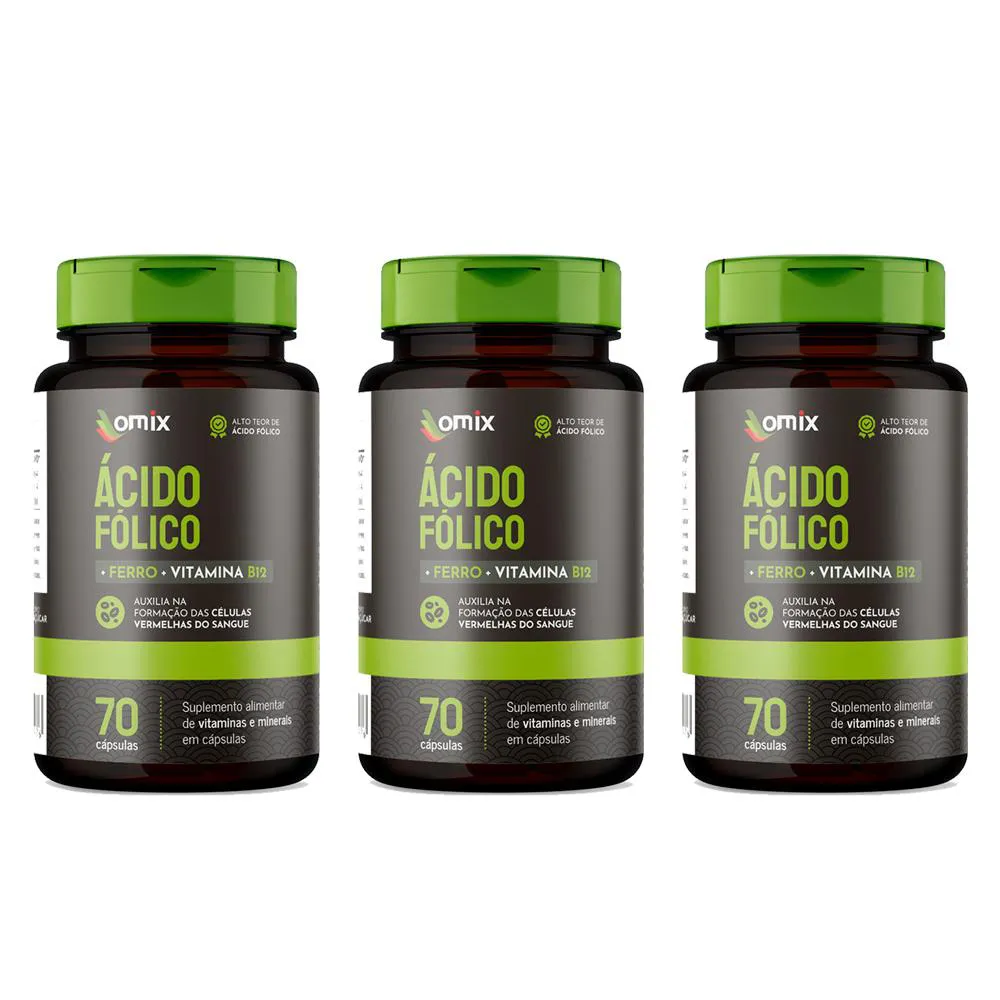 KIT 3X - ÁCIDO FóLICO, FERRO E VITAMINA B12 - 70 CáPSULAS - OMIX