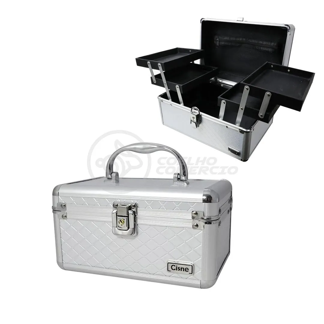 MALETA DE MAQUIAGEM E JOIAS CISNE ORGANIZADORA COMPLETA CSN-L5152 PROFISSIONAL - PRATA