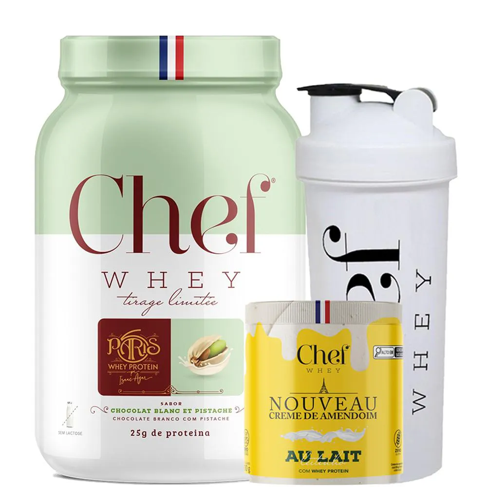 KIT CHEY WHEY PARIS 6 + CREME DE AMENDOIM + COQUETELEIRA - CHEF WHEY Chocolate Branco C Pistache