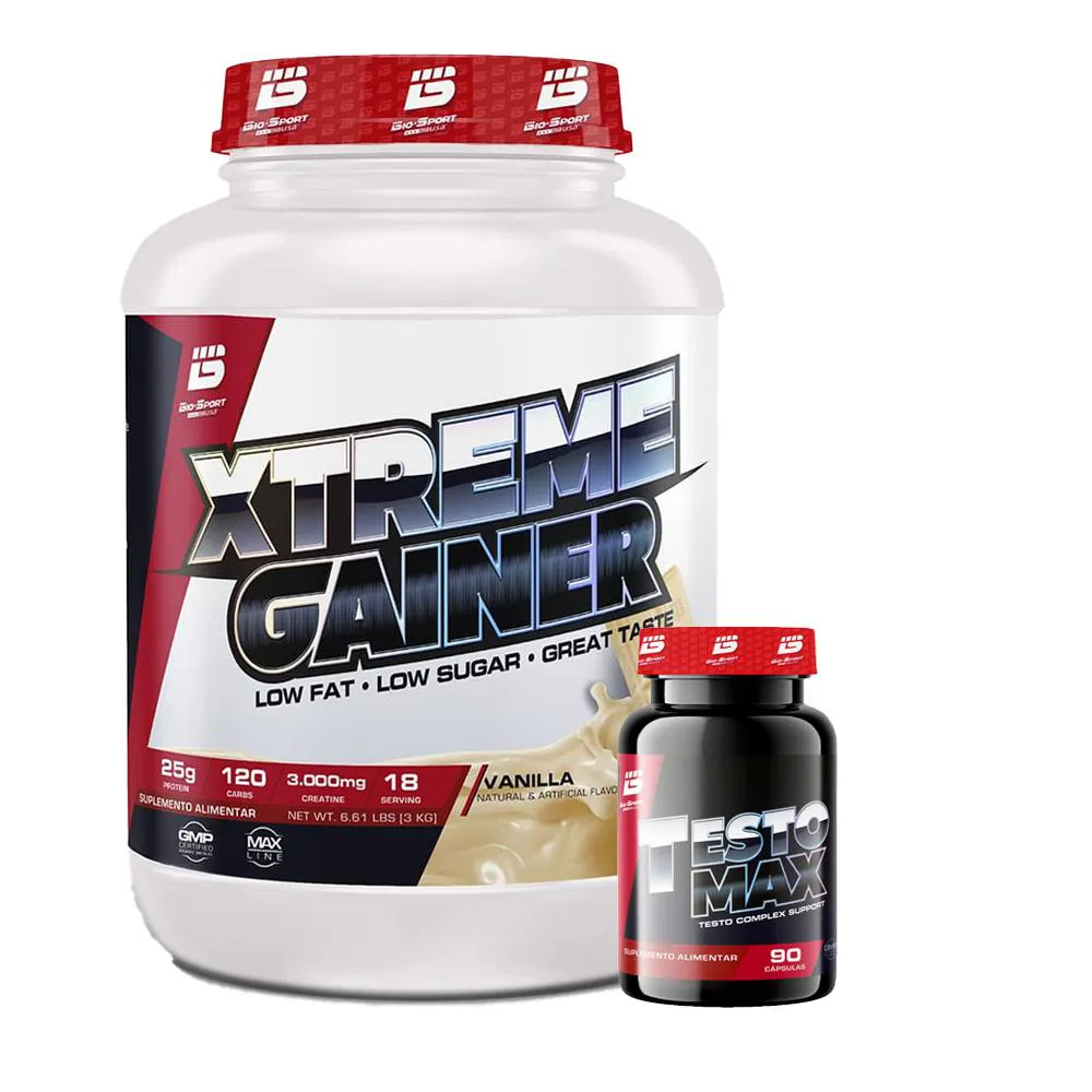 KIT WHEY PROTEIN XTREME GAINER 3KG + TEST OSTERONA TEST O MAX 60 TáBS - BIO SPORTS USA Baunilha