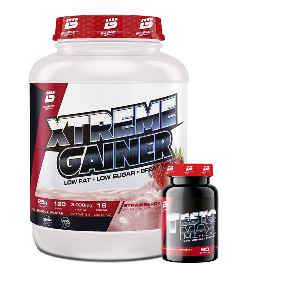 KIT WHEY PROTEIN XTREME GAINER 3KG + TEST OSTERONA TEST O MAX 60 TáBS - BIO SPORTS USA Morango