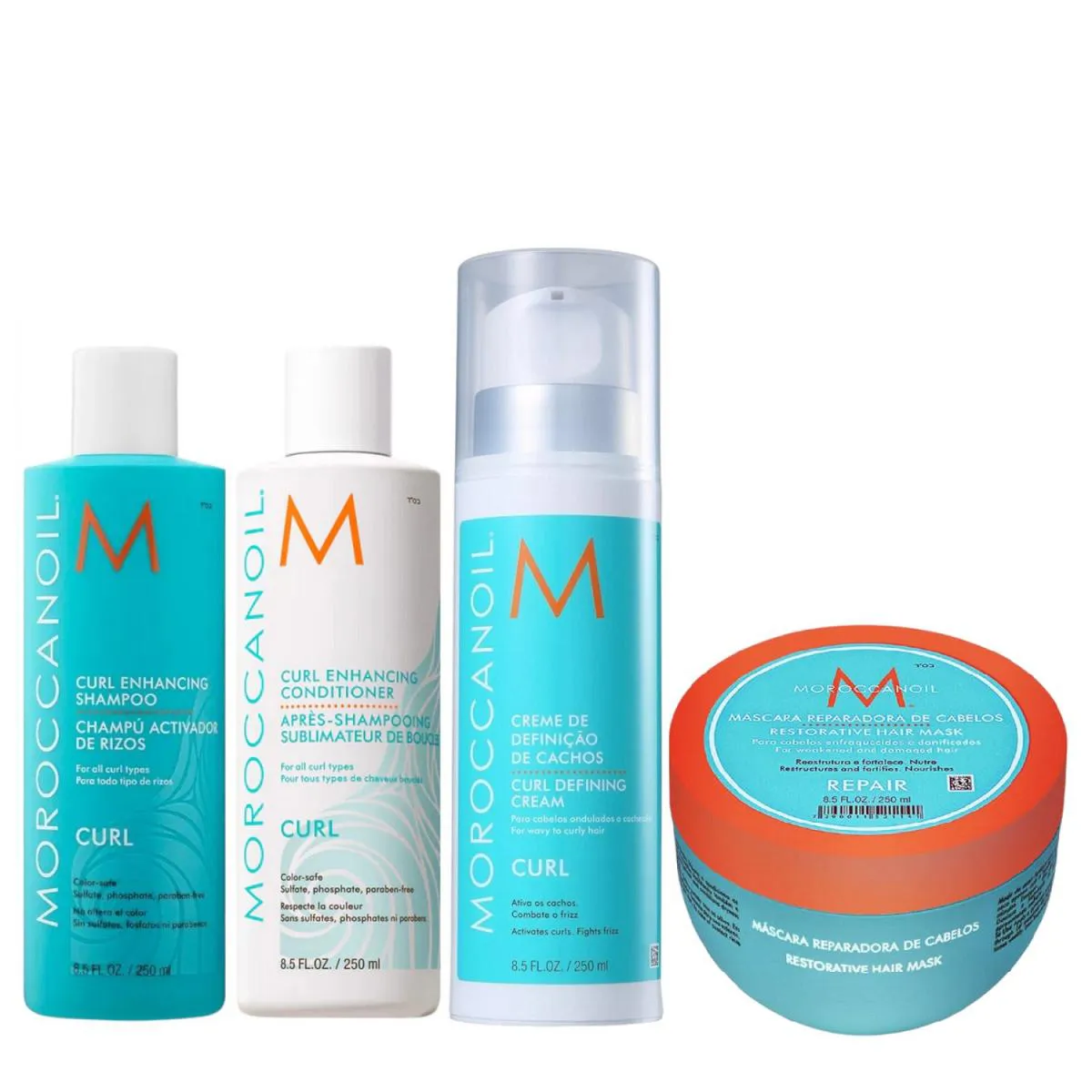 KIT MOROCCANOIL CURL - SHAMPOO 250ML + CONDICIONADOR 250ML + MOUSSE DEFINIDOR DE CACHOS 250ML + MáSCARA REPARADORA 250G