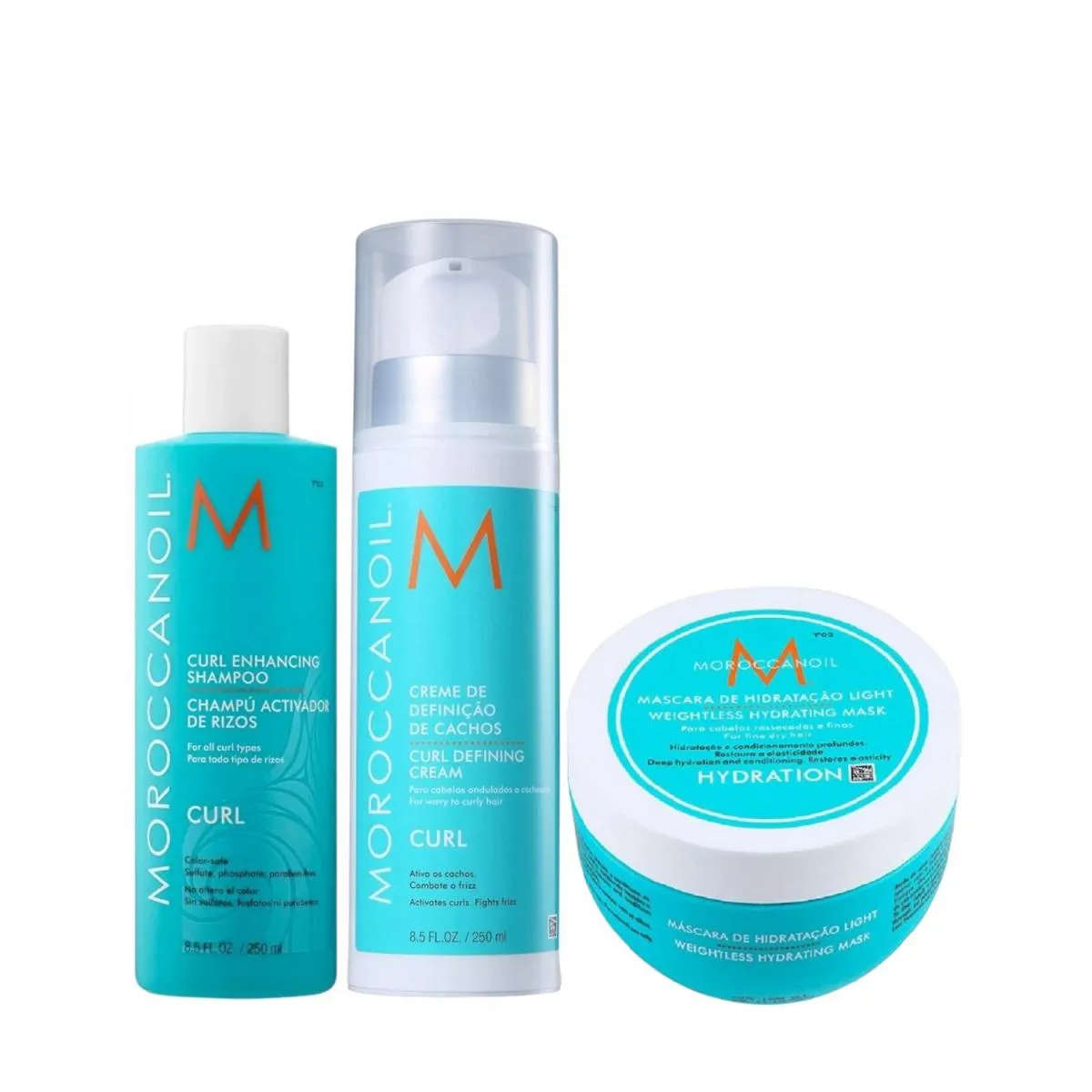 KIT MOROCCANOIL CURL - SHAMPOO 250ML + MOUSSE DEFINIDOR DE CACHOS 250ML + MáSCARA LIGHT 250G