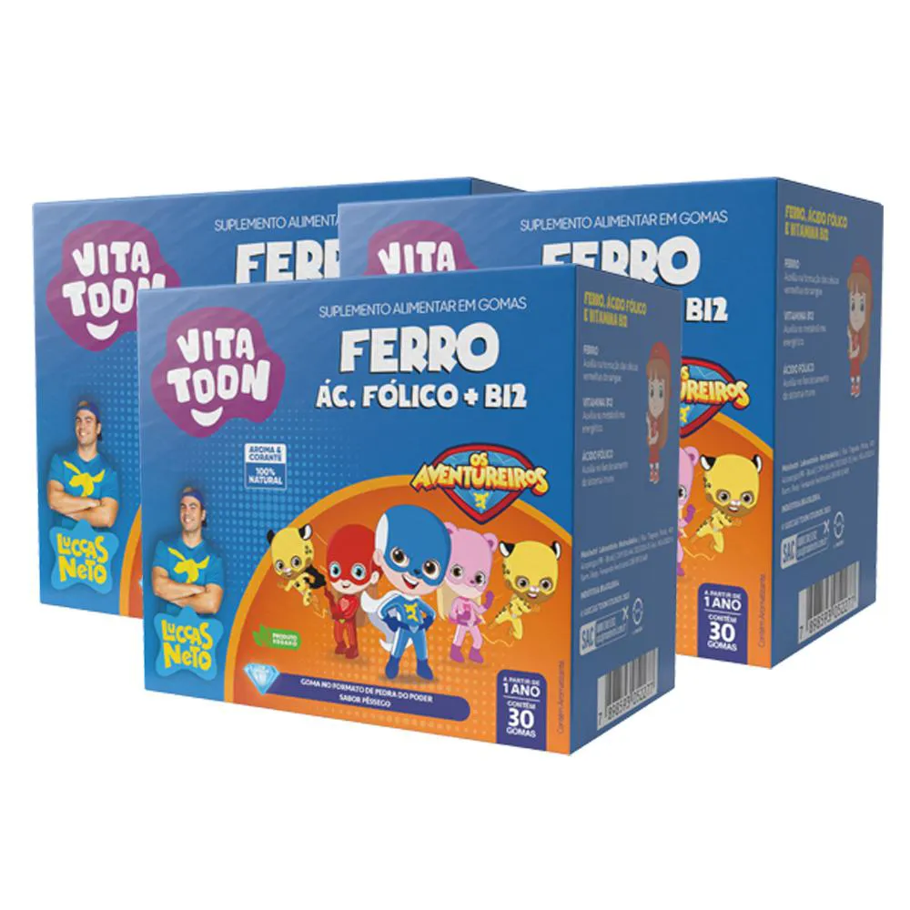 KIT 03 VITATOON LUCCAS NETO VITAMINA FERRO PêSSEGO 30 GOMAS MAXINUTRI