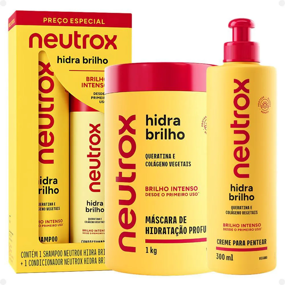 KIT NEUTROX HIDRA BRILHO: SHAMPOO 300ML E CONDICIONADOR 200ML + MáSCARA 1KG E CREME PARA PENTEAR 300ML