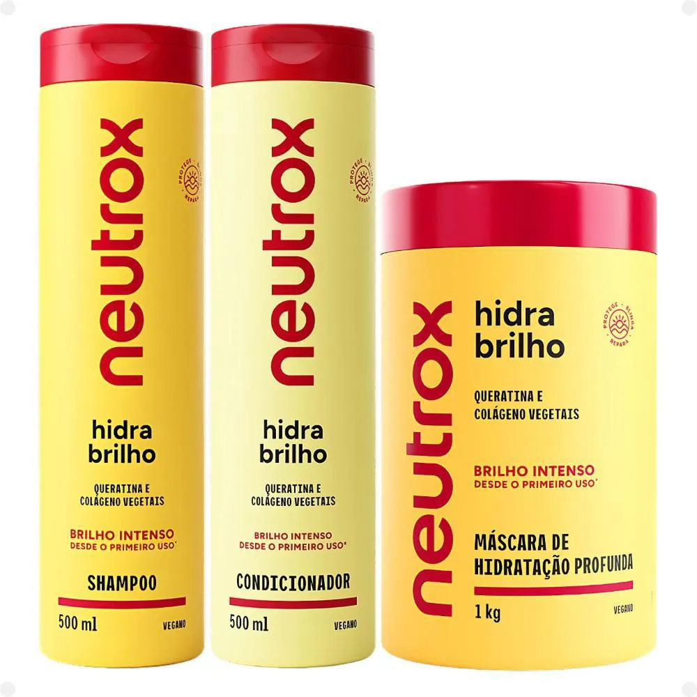 KIT NEUTROX HIDRA BRILHO: SHAMPOO, CONDICIONADOR 500ML E MáSCARA 1KG