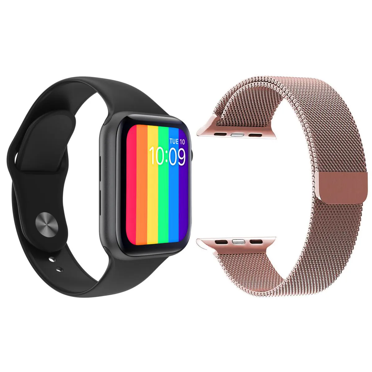 KIT 1 RELóGIO INTELIGENTE SMARTWATCH W26 TELA INFINITA PRETO ANDROID IOS + 1 PULSEIRA EXTRA MILANESE ROSA