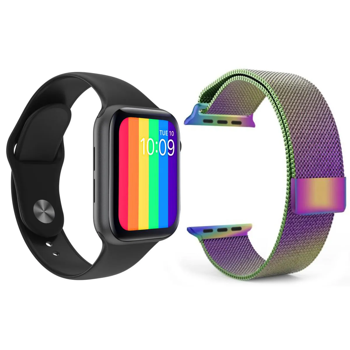 KIT 1 RELóGIO INTELIGENTE SMARTWATCH W26 TELA INFINITA PRETO ANDROID IOS + 1 PULSEIRA MILANESE ARCO ÍRIS