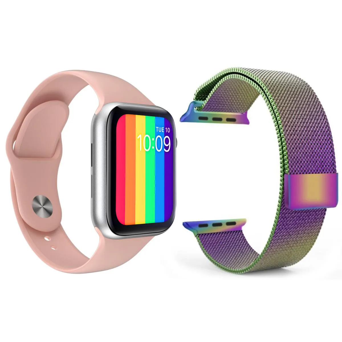 KIT 1 RELóGIO INTELIGENTE SMARTWATCH W26 TELA INFINITA ROSA ANDROID IOS + 1 PULSEIRA AçO ARCO ÍRIS