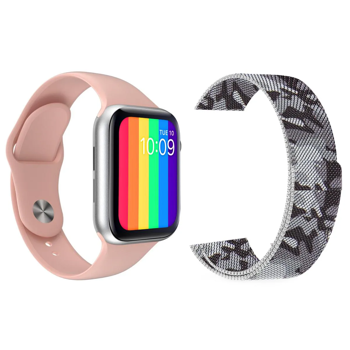 KIT 1 RELóGIO INTELIGENTE SMARTWATCH W26 TELA INFINITA ROSA ANDROID IOS + 1 PULSEIRA MILANESE CAMUFLADA