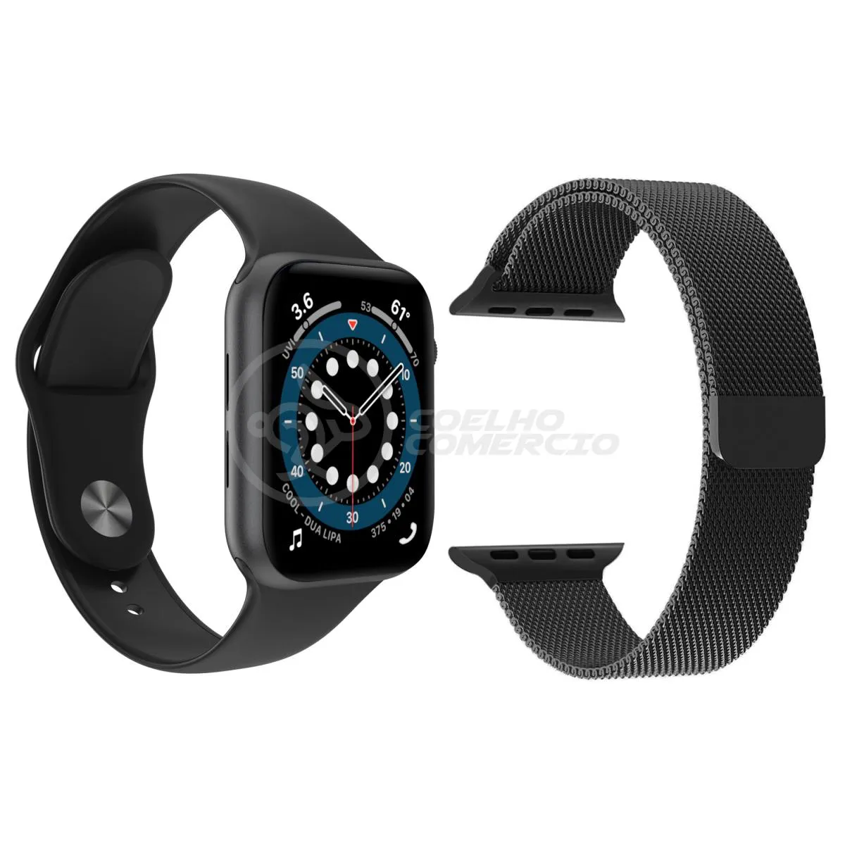 KIT 1 RELóGIO INTELIGENTE SMARTWATCH W46 S PRETO ANDROID IOS + 1 PULSEIRA EXTRA AçO MILANESE PRETO