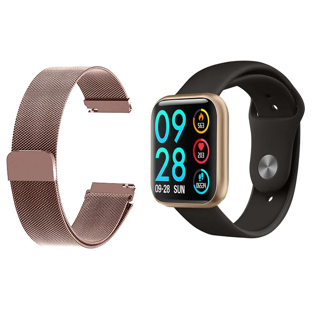 KIT 1 RELóGIO SMARTWATCH P80 MONITOR DE SAúDE DOURADO ANDROID IOS + 1 PULSEIRA MILANESA ROSA