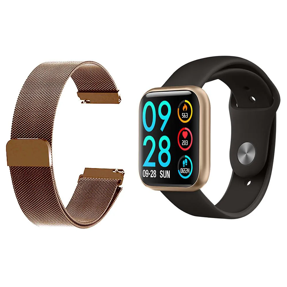 KIT 1 RELóGIO SMARTWATCH P80 MONITOR DE SAúDE DOURADO ANDROID IOS + 1 PULSEIRA MILANESA ROSE GOLD