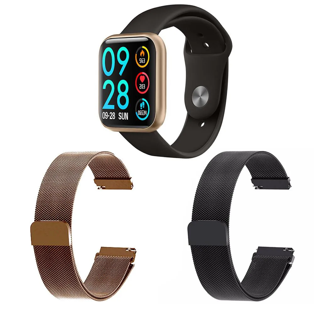 KIT 1 RELóGIO SMARTWATCH P80 MONITOR DE SAúDE DOURADO ANDROID IOS + 2 PULSEIRAS MILANESA PRETO E ROSê