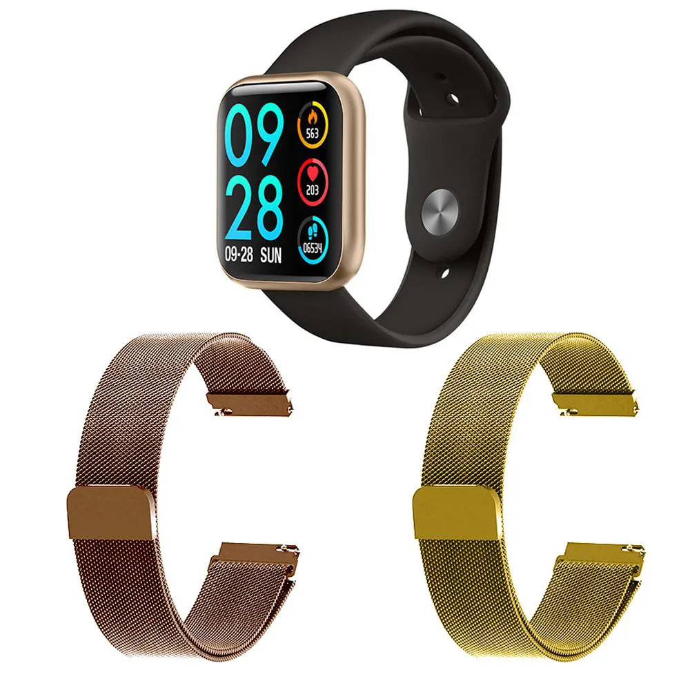 KIT 1 RELóGIO SMARTWATCH P80 MONITOR DE SAúDE DOURADO ANDROID IOS + 2 PULSEIRAS MILANESA ROSê E DOURADO