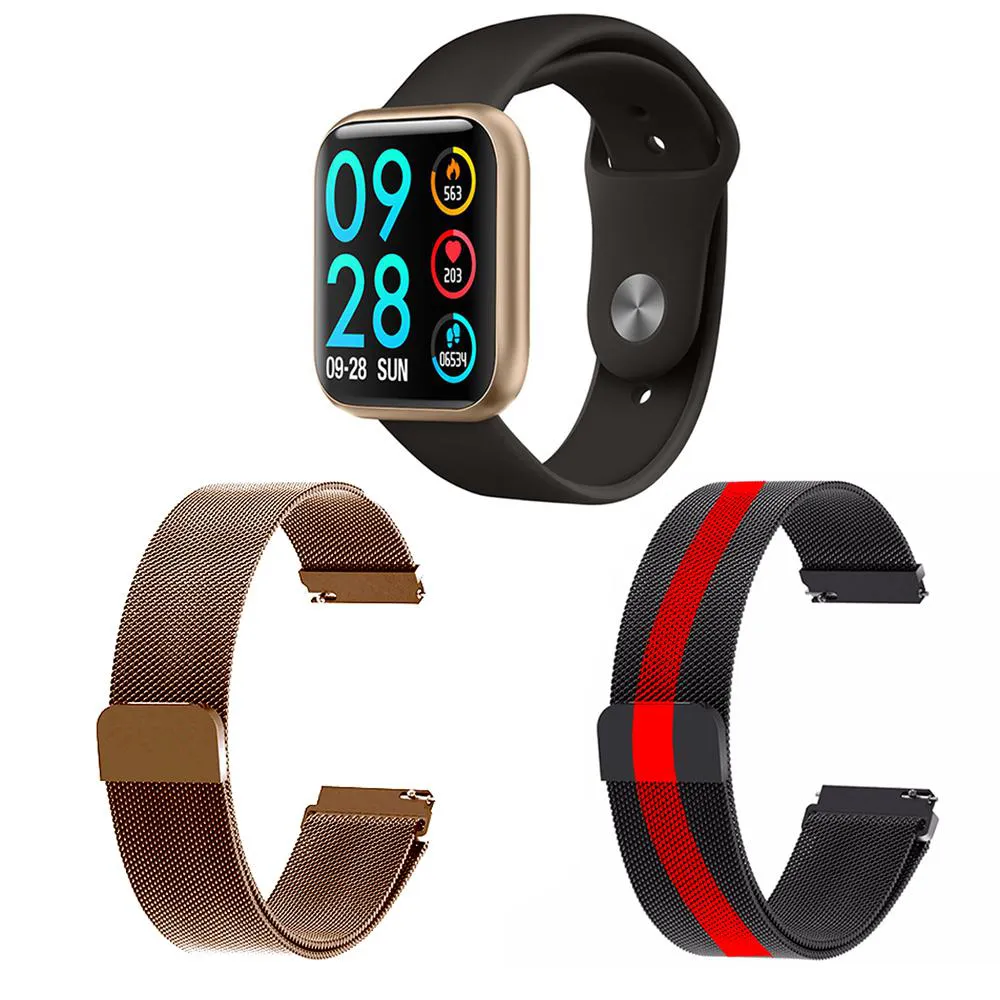 KIT 1 RELóGIO SMARTWATCH P80 MONITOR DE SAúDE DOURADO ANDROID IOS + 2 PULSEIRAS MILANESA ROSê E LISTRADO