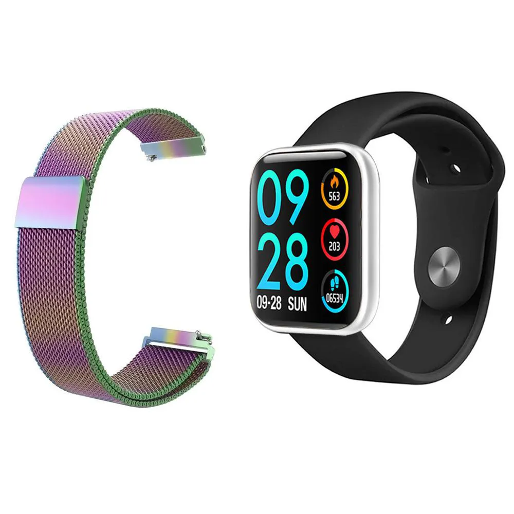 KIT 1 RELóGIO SMARTWATCH P80 MONITOR DE SAúDE PRATA ANDROID IOS + 1 PULSEIRA MILANESA ARCO ÍRIS