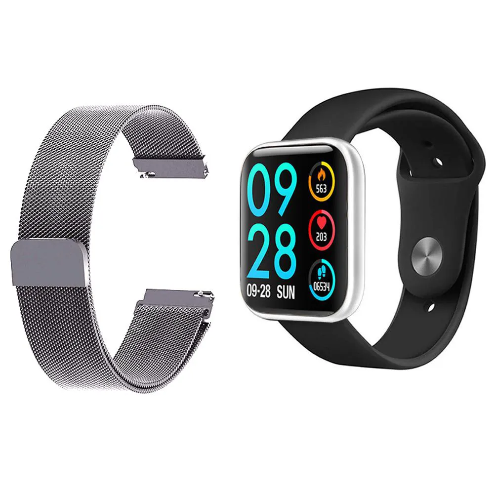 KIT 1 RELóGIO SMARTWATCH P80 MONITOR DE SAúDE PRATA ANDROID IOS + 1 PULSEIRA MILANESA PRATA