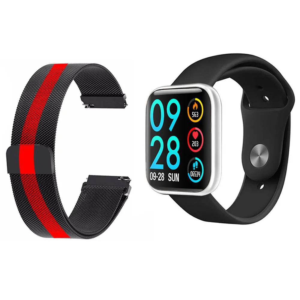 KIT 1 RELóGIO SMARTWATCH P80 MONITOR DE SAúDE PRATA ANDROID IOS + 1 PULSEIRA MILANESA PRETO LISTRADA