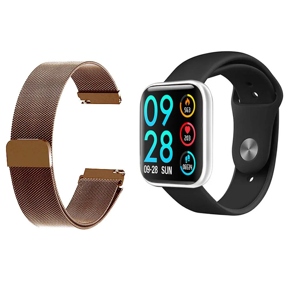 KIT 1 RELóGIO SMARTWATCH P80 MONITOR DE SAúDE PRATA ANDROID IOS + 1 PULSEIRA MILANESA ROSE GOLD