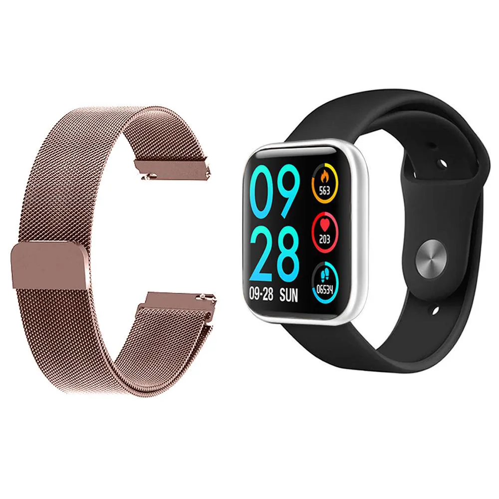 KIT 1 RELóGIO SMARTWATCH P80 MONITOR DE SAúDE PRATA ANDROID IOS + 1 PULSEIRA MILANESA ROSA