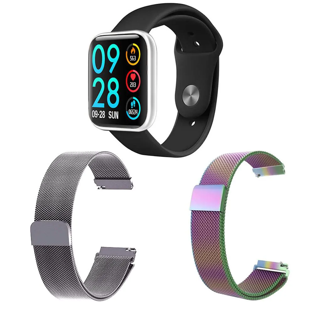KIT 1 RELóGIO SMARTWATCH P80 MONITOR DE SAúDE PRATA ANDROID IOS + 2 PULSEIRAS MILANESA PRATA E ARCO ÍRIS