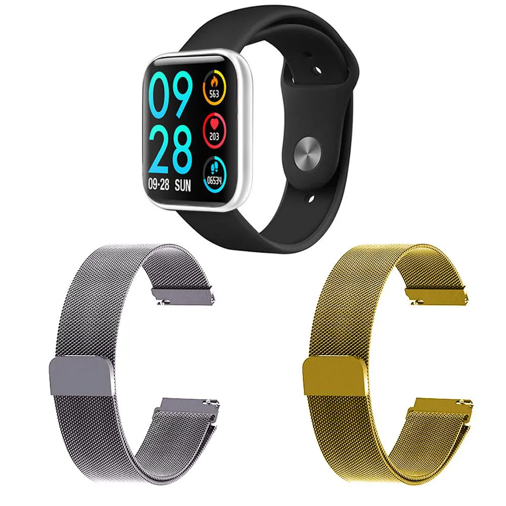 KIT 1 RELóGIO SMARTWATCH P80 MONITOR DE SAúDE PRATA ANDROID IOS + 2 PULSEIRAS MILANESA PRATA E DOURADO