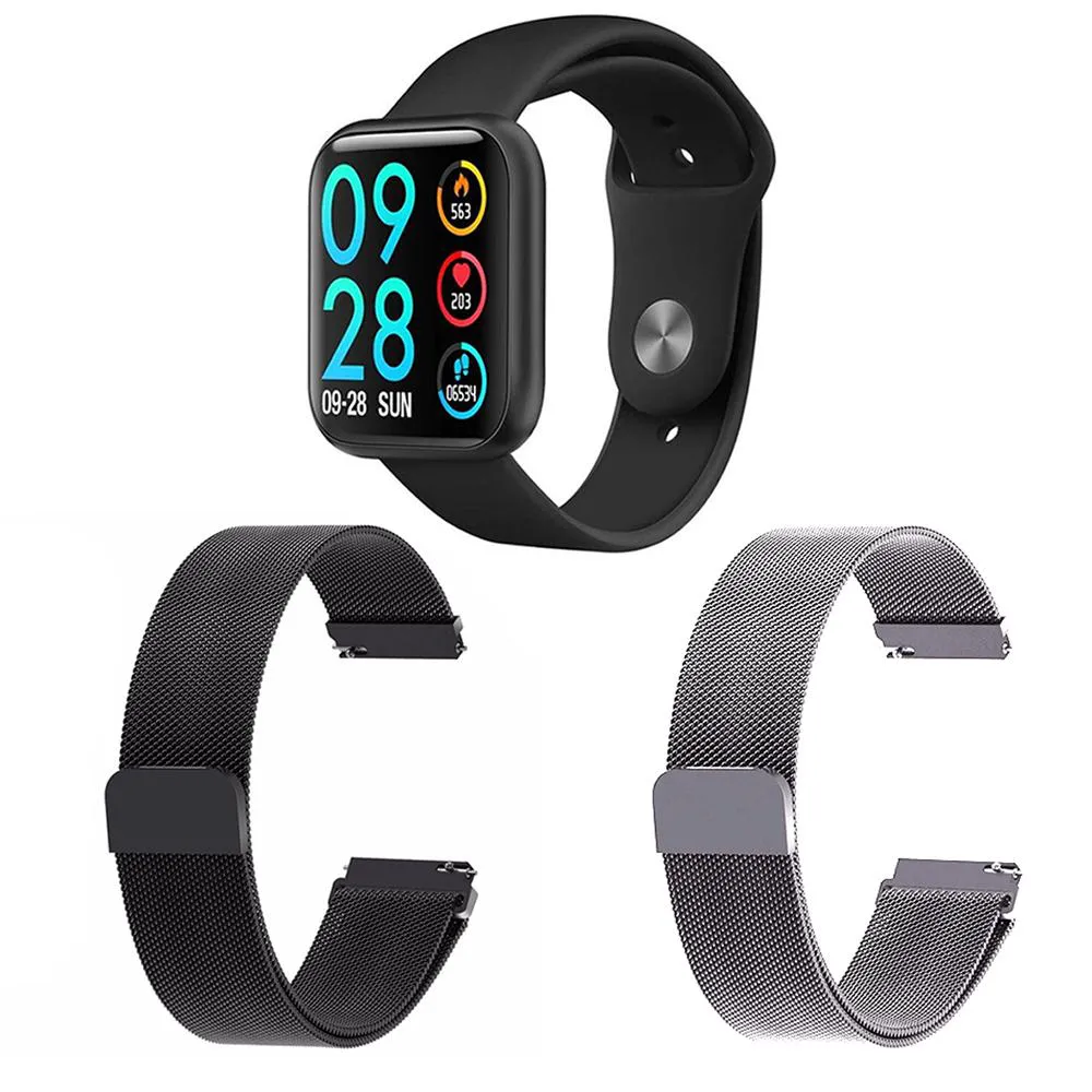 KIT 1 RELóGIO SMARTWATCH P80 MONITOR DE SAúDE PRATA ANDROID IOS + 2 PULSEIRAS MILANESA PRATA E PRETO