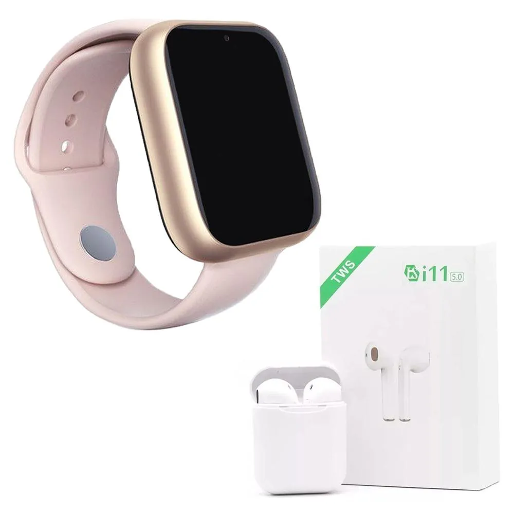 KIT 1 RELóGIO SMARTWATCH Z6 ROSA + 1 FONE BLUETOOTH I11 TWS BRANCO