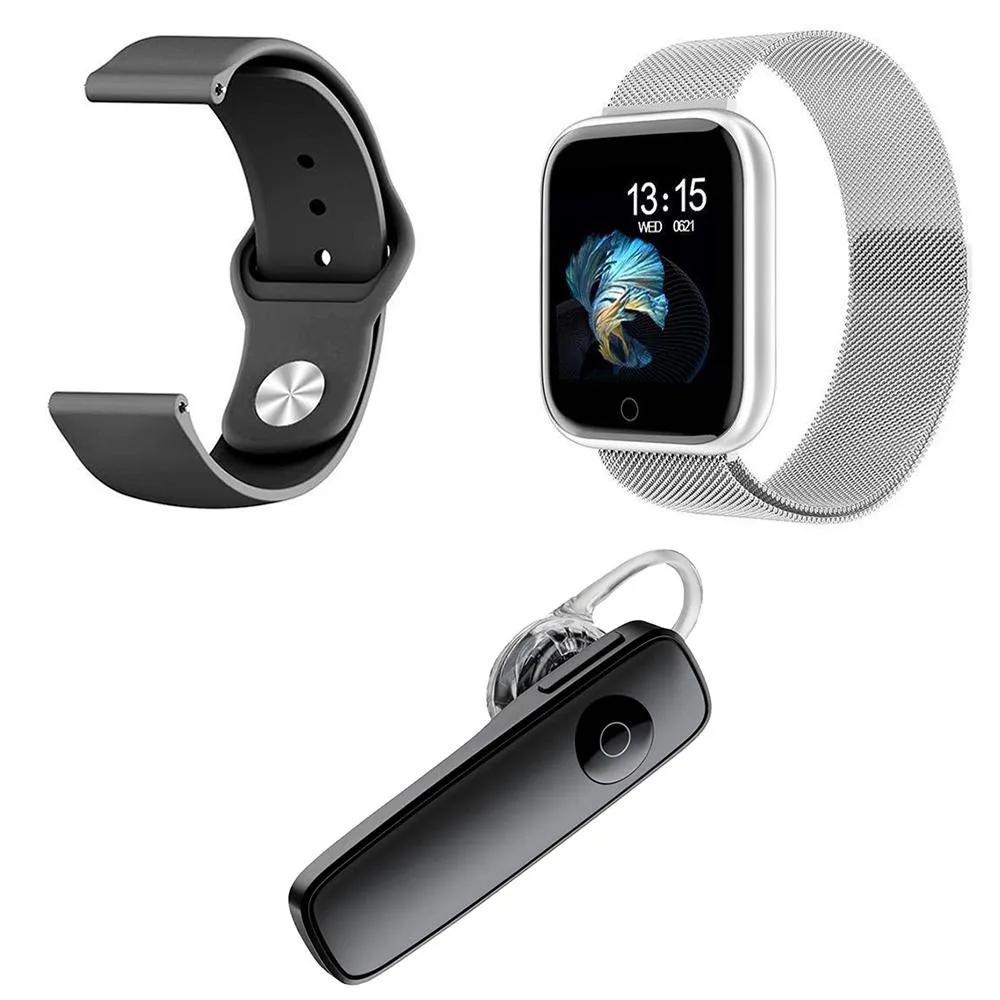 KIT 1 SMARTWATCH P70 PRATA ANDROID IOS + 1 PULSEIRA EXTRA + 1 FONE BT HEADSET PRETO