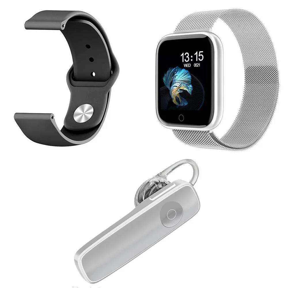 KIT 1 SMARTWATCH P70 PRATA ANDROID IOS + 1 PULSEIRA EXTRA + FONE BT HEADSET BRANCO