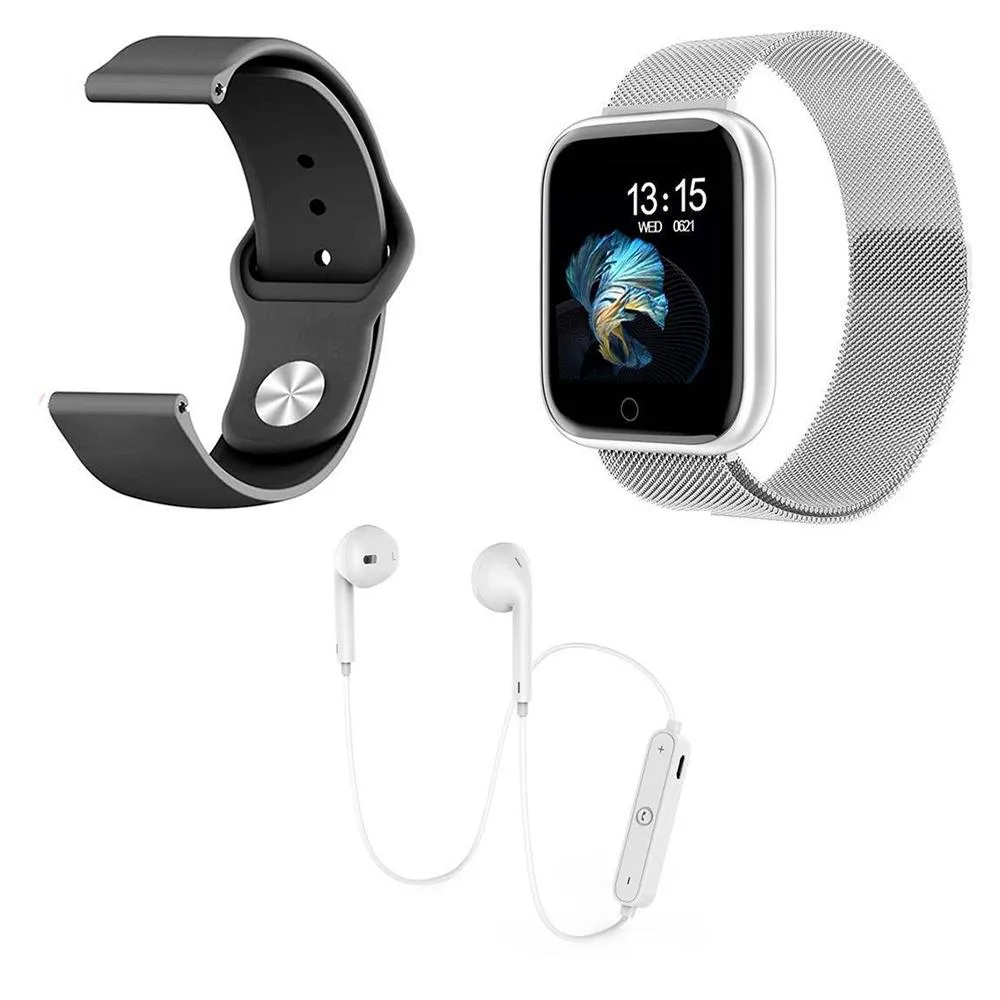 KIT 1 SMARTWATCH P70 PRATA ANDROID IOS + 1 PULSEIRA EXTRA + FONE BT ORIGINAL BRANCO