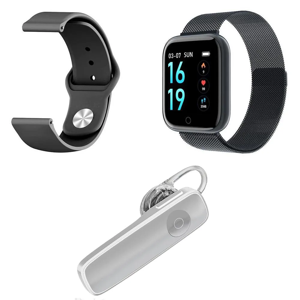 KIT 1 SMARTWATCH P70 PRETO ANDROID IOS + 1 PULSEIRA EXTRA + 1 FONE BT HEADSET BRANCO