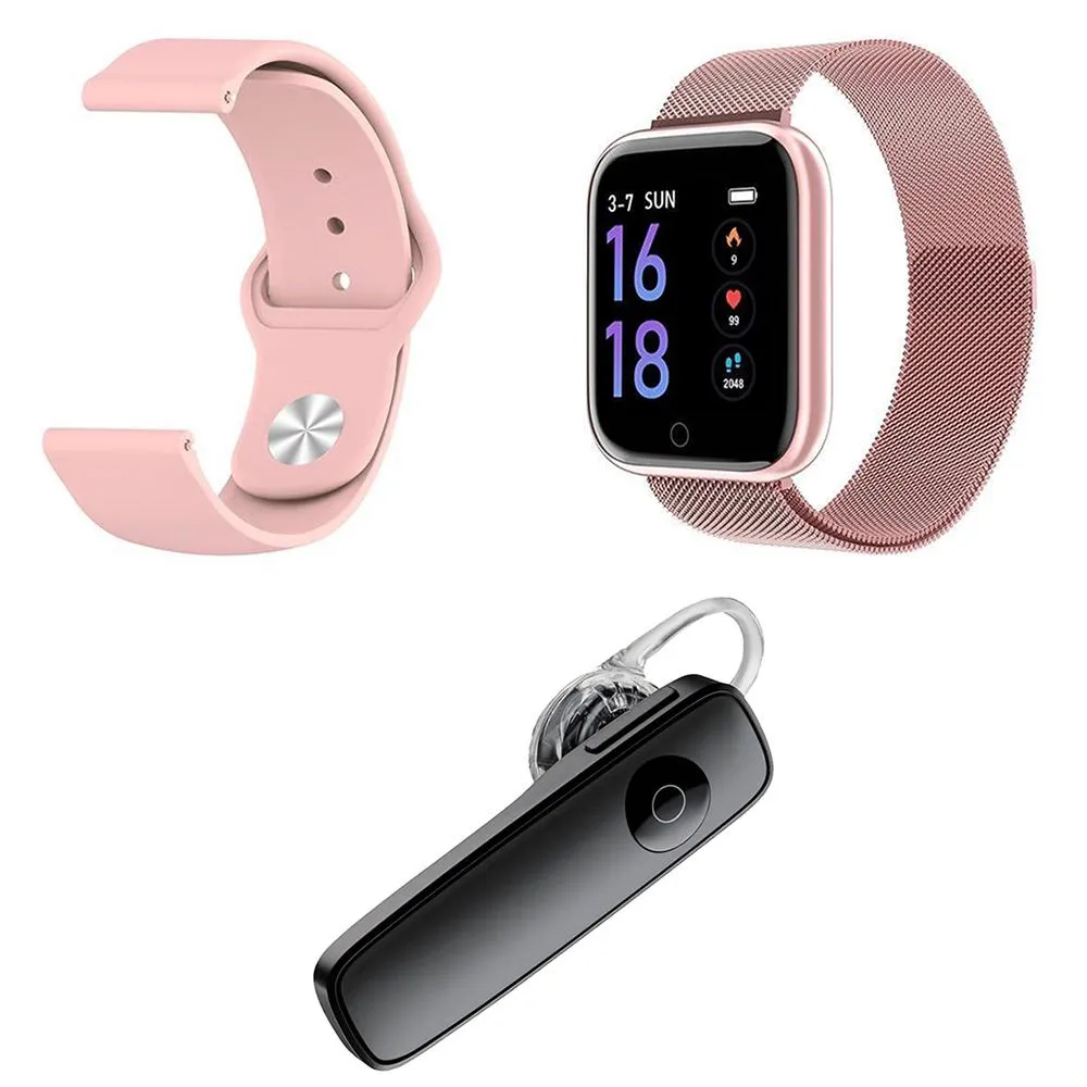 KIT 1 SMARTWATCH P70 ROSA ANDROID IOS + 1 PULSEIRA EXTRA + 1 FONE BT HEADSET PRETO