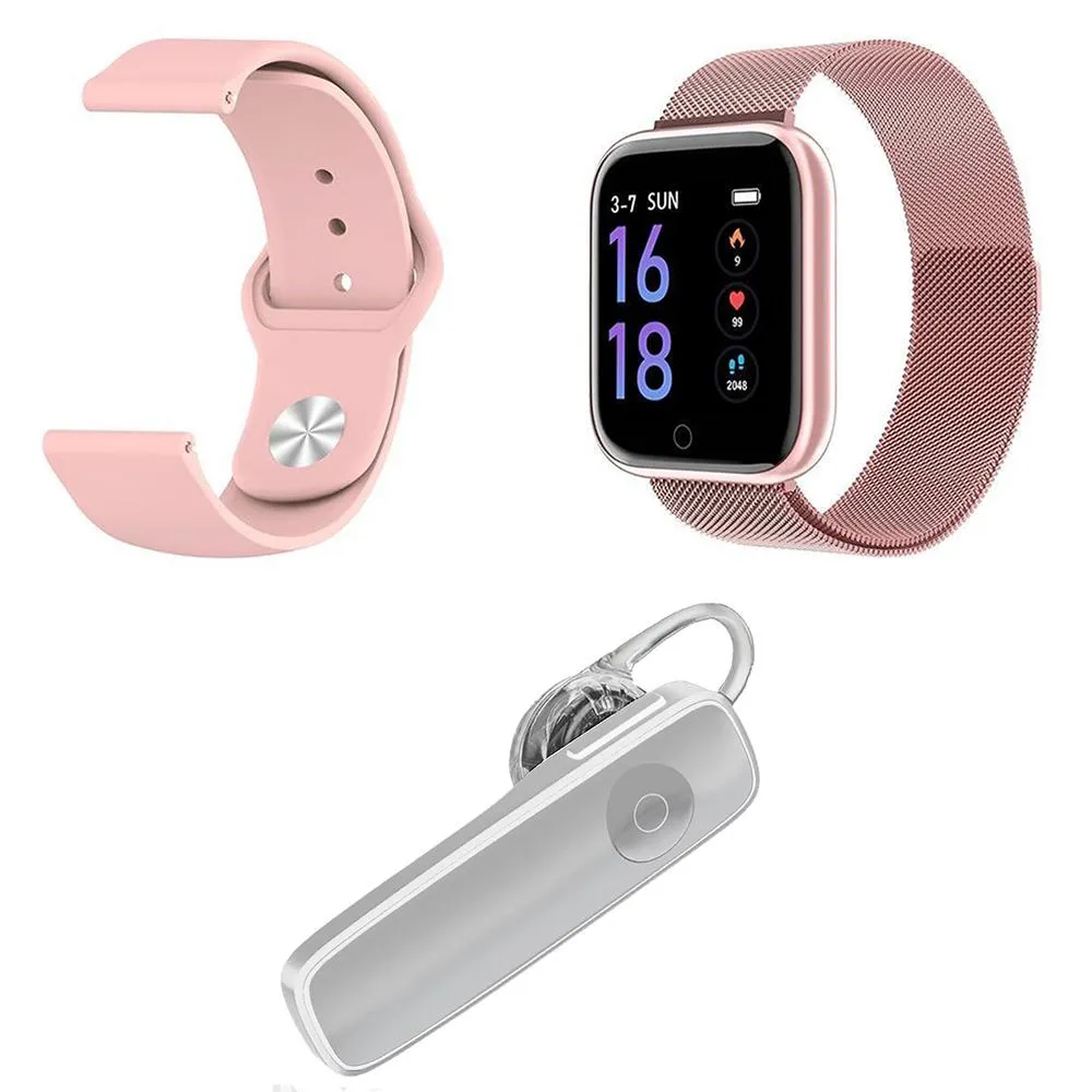 KIT 1 SMARTWATCH P70 ROSA ANDROID IOS + PULSEIRA EXTRA + FONE FIO BT HEADSET COMPRIDO BRANCO