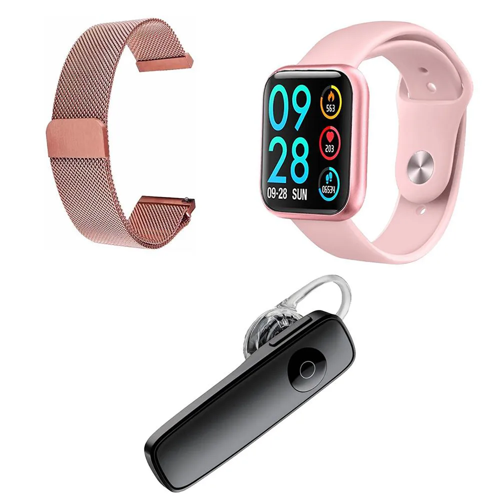 KIT 1 SMARTWATCH P80 ROSA ANDROID IOS + 1 PULSEIRA EXTRA + 1 FONE BT HEADSET PRETO