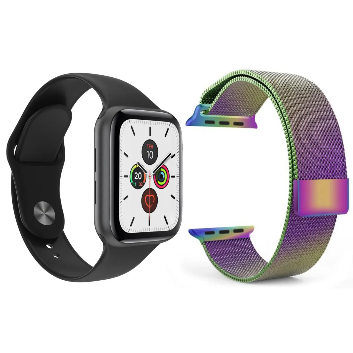 KIT RELóGIO INTELIGENTE SMARTWATCH T500 IWO MAX PRETO + PULSEIRA MILANESE ARCO ÍRIS
