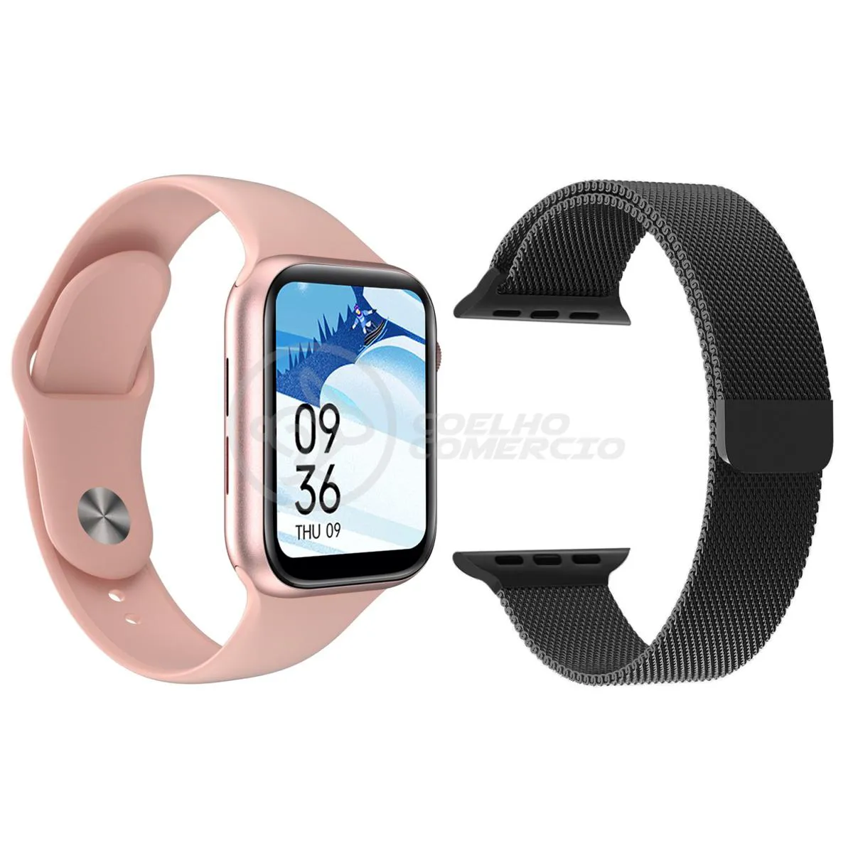 RELóGIO INTELIGENTE SMARTWATCH S88 ROSA COM JOGOS ANDROID IOS + 1 PULSEIRA EXTRA AçO MILANESE PRETO