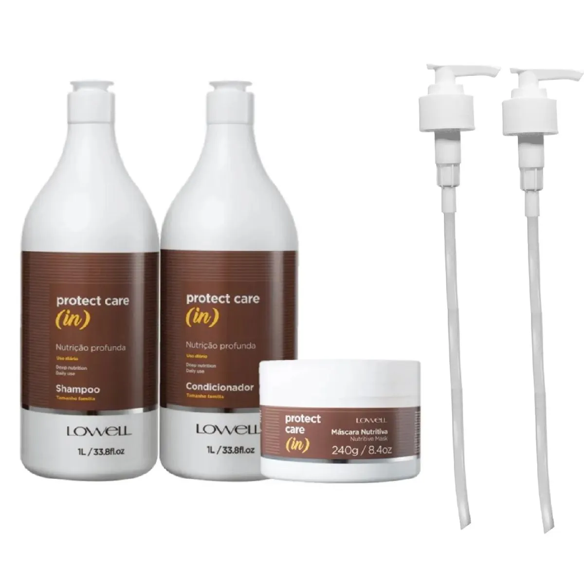 KIT LOWELL PROTECT CARE (IN) - SHAMPOO 1L + CONDICIONADOR 1L + MáSCARA 240G + VáLVULA PUMP