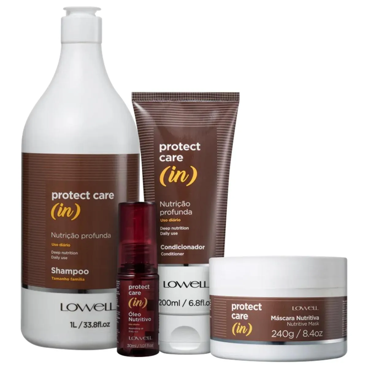 KIT LOWELL PROTECT CARE (IN) - SHAMPOO 1L + CONDICIONADOR 200ML + MáSCARA 240G + ÓLEO 30ML