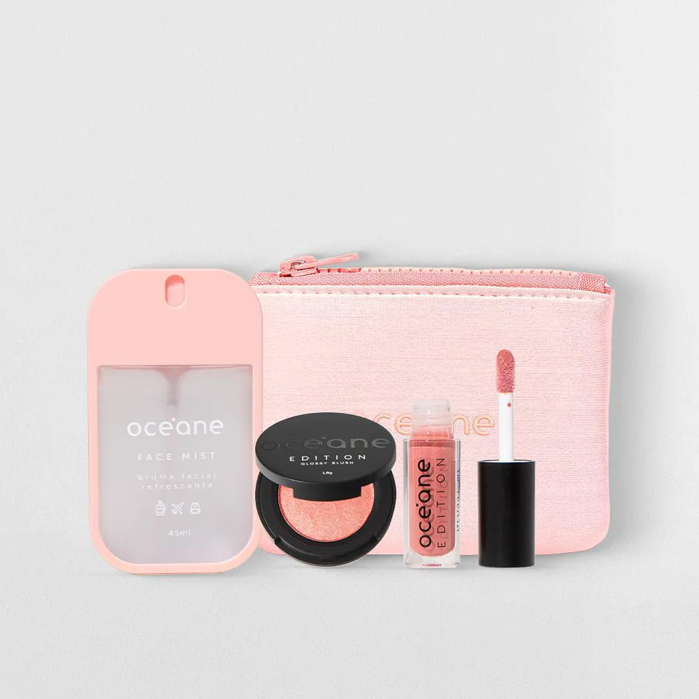 KIT MINI NéCESSAIRE + MINI BRILHO LABIAL + MINI BLUSH + BRUMA FACIAL OCéANE (4 PRODUTOS)