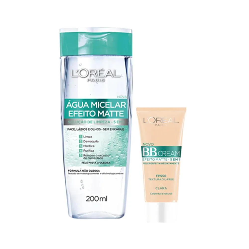 L'ORéAL PARIS 5 EM 1 EFEITO MATTE ÁGUA MICELAR 200ML E BB CREAM CLARA FPS 50 30G